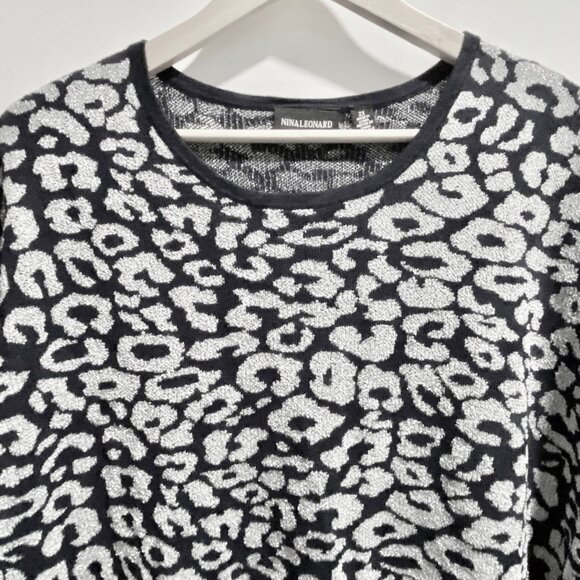 (7) - Nina Leonard Leopard Print Silver Metallic Knit Crewneck Sweater 2X - Picture 2 of 9